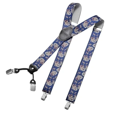 Afbeelding van DonDon Brede bretels voor heren, 4 clips, van leer, model Y, elastisch en verstelbaar, paisley blauw, één maat