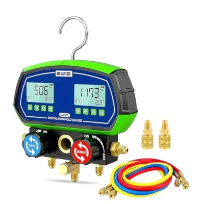 Afbeelding van MR CARTOOL L302 manometer voor airconditioning, auto, digitaal, manometer, koelkast, met 3 geïntegreerde slangen, 90 koelmiddelen, airconditioning R32 R410A R134A R1234A