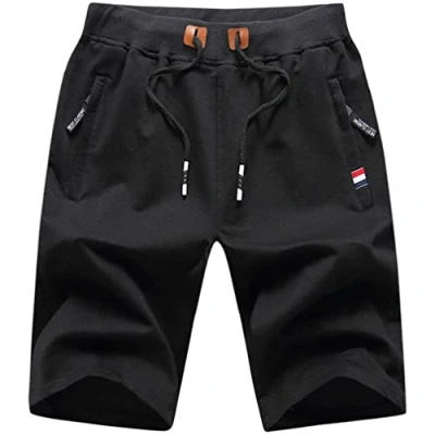 Afbeelding van sportshorts voor heren, katoen, met zakken ritssluiting, krachttraining, van ademend zakken, zwart.