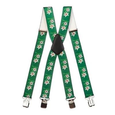 Afbeelding van Olata Robuuste X bretels voor heren met Edelweiss patroon, 2,5 cm / 4 cm, Donkergroen