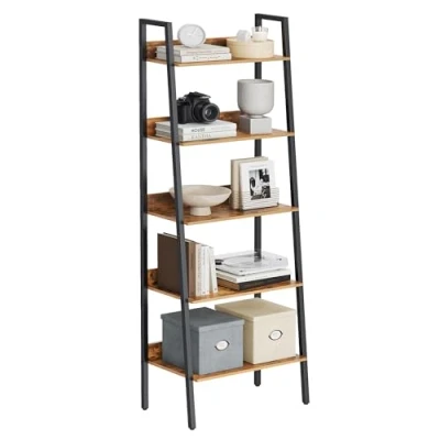 Afbeelding van VASAGLE boekenkast, ladder plank met 5 planken, open, staande plank, smal, voor woonkamer, slaapkamer, keuken, kantoor, metalen frame, industrieel ontwerp, vintage bruin zwart LLS067B01