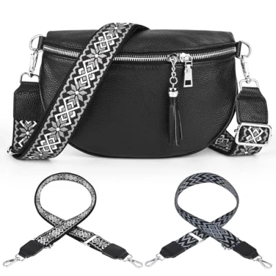 Afbeelding van Gerbala Sac banane en cuir pour femme Petit à bandoulière véritable avec 2 larges bretelles Porte cartes les voyages, le shopping, travail, Noir