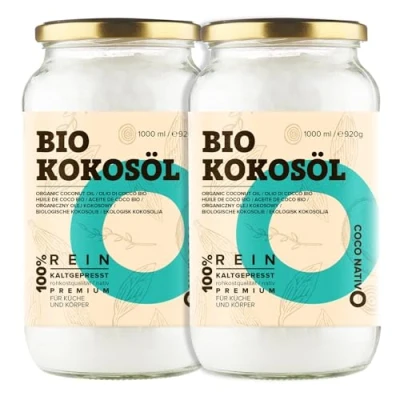 Image de Huile de Noix Coco CocoNativo 1000ml (1Liter) Biologique Extra Vierge et non Raffinée, Pure 100% Bio Idéale Pour Les Cheveux, Le Corps Comme Aliment (2 x 1000ml)