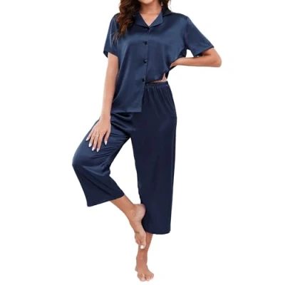 Afbeelding van Reliwel zijden pyjamaset voor dames, top met korte mouwen en broek, tweedelige pyjama knoopsluiting bruidsmeisjes, comfortabele nachtkleding, kleding, Roze