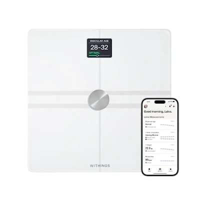 Image de Withings Body Comp Balance connectée WiFi avec analyse corporelle complète (Poids, Masse Grasse/Musculaire/Osseuse, Eau) et suivi cardiovasculaire, Pese Personne, jusqu&#039;à 8 utilisateurs, Noir