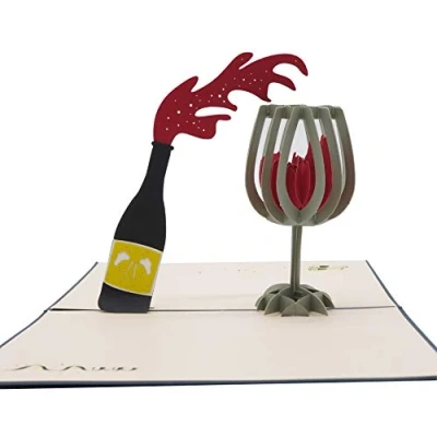 Afbeelding van Smiling Art 3D pop up wenskaarten met envelop en beschermhoes, handgemaakt, cadeaukaart voor voucher, uitnodigingskaart, verjaardagskaart (wijn)