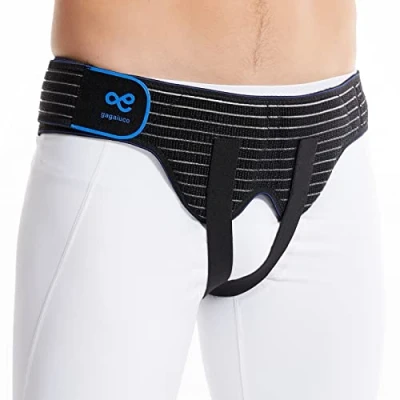 Afbeelding van herniale riem voor dames en heren, verstelbare heupriem, flexibel, ondersteuning, pijnverlichting met 2 afneembare compressiepads, hernia links (M, zwart)