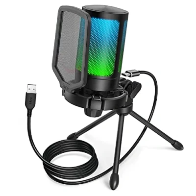 Image de FIFINE USB Microphone Gaming, RGB Condensateur pour PC PS5, avec Bouton de Silence, Fixation Antichoc, Support Trépied, Filtre Anti Pop, Streaming Discord Twitch Podcasts Videos A6V
