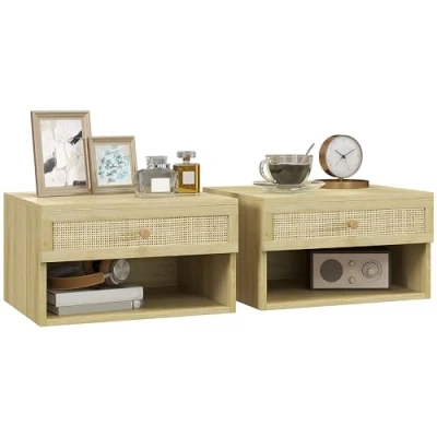Afbeelding van HOMCOM Set van 2 Nachtkastjes voor wandmontage, schuiflade, nis, dienblad, hout met rotanlook, geweven, afmetingen: 40 x 34 23 cm (l b h)