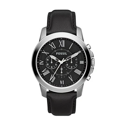 Afbeelding van Fossil Grant herenhorloge, quartz chronograaf uurwerk, met roestvrijstalen armband of leren band, Zwart en zilver, Riem