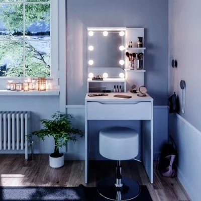 Afbeelding van Vicco Make uptafel set met kruk Ruben, Wit, 60 cm LED verlichting en
