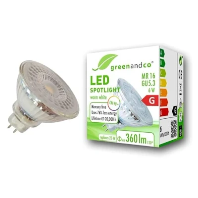 Afbeelding van greenandco® CRI 90+ 3000K 110 LED spot GU5.3 MR16 6W komt overeen met 25 W, 360 lm, warmwit, SMD LED, 12 V AC/DC, glas, niet dimbaar
