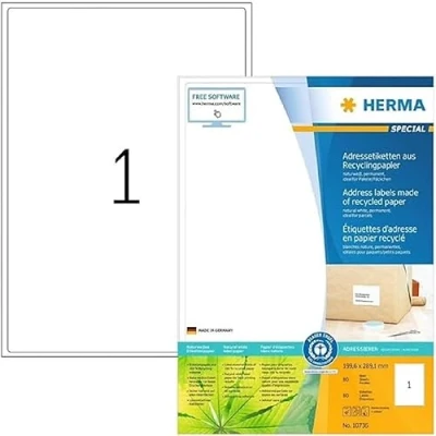Afbeelding van Etiket HERMA recycling 10736 199.6x289.1mm 80stuks wit