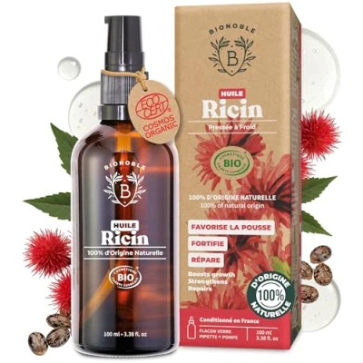 Afbeelding van Bionoble Biologische ricinusolie, 100 ml, haargroeiolie, wimpers, wenkbrauwen, baard en nagels, haarolie, 100% zuiver natuurlijk, veganistische beverolie, glazen fles + pipet pomp