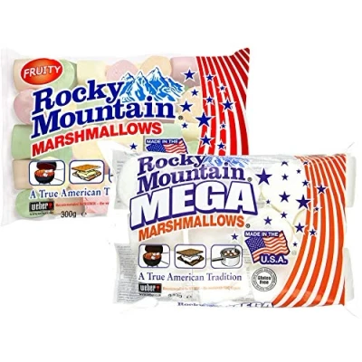 Afbeelding van Rocky Mountain Marshmallows Tasting Set Fruity &amp; Mega, kleurrijke traditionele Amerikaanse snoepjes voor het braden op een kampvuur, grillen of bakken, met fruitsmaak, (1 x 300 g, 1 340 g)