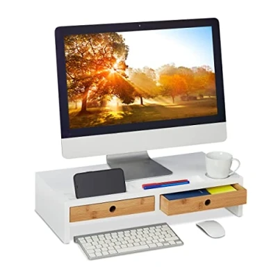 Afbeelding van Relaxdays Monitorstandaard met 2 schuifladen voor bureaublad (h x b d): 12 56 27 cm bamboe en MDF wit/naturel