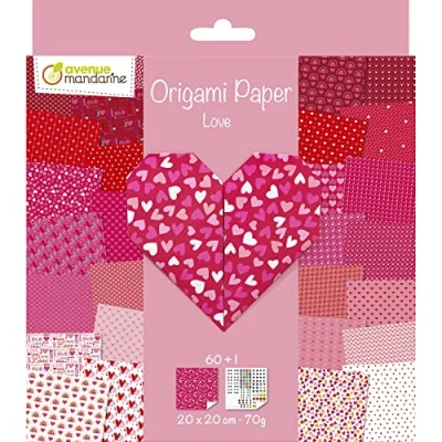 Afbeelding van Avenue Mandarine OR518C een verpakking met 60 vellen origami 20 x cm 70 g (30 motieven 2 vellen) + vel stickers &quot;ogen&quot;, vanaf 7 jaar Love