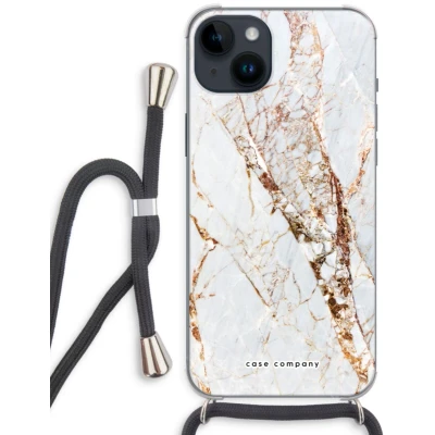 Afbeelding van Case Company® hoesje met Koord geschikt voor iPhone 14 Plus Goud marmer Telefoonhoesje Zwart Extra Bescherming aan alle Kanten en Over de Schermrand