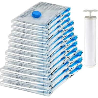 Image de Amazon Basics Lot de 12 housses rangement sous vide avec pompe manuelle (3 taille XL, 3 L, M, S), Transparent
