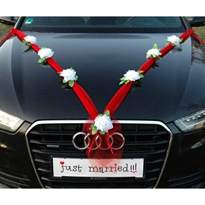 Afbeelding van organza autodecoratie M bruiloft auto decoratie lint en rozen zuiver wit/rood