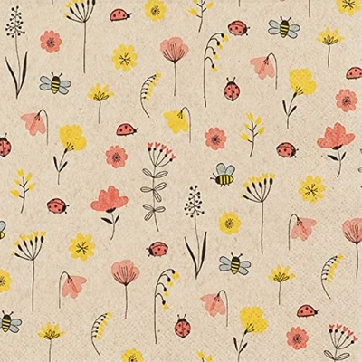 Afbeelding van Eco Line 20 stuks duurzame papieren servetten, 100% gerecycled, lieveheersbeestjes en bijen, bloemen, dieren, lente, zomer, tafeldecoratie 33 x cm