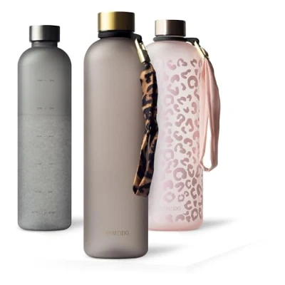 Afbeelding van MAMEIDO Drinkfles, 1 l en 1,5 l, Urban Taupe Gold, waterfles met motivatietijdmarkering, BPA vrij, waterdichte sportdrinkfles voor gymnastiek