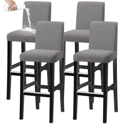 Afbeelding van KELUINA Set van 4 rekbare stoelhoezen voor barkrukken, afneembaar, wasbaar, korte en draaibare eetkamerstoelen, lichtgrijs