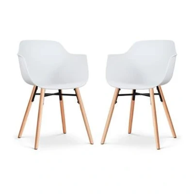 Afbeelding van Nolon Nena Puk Eetkamerstoelen Set van 2 Wit met Armleuning Kunststof Zitting Houten Poten Kuipstoel