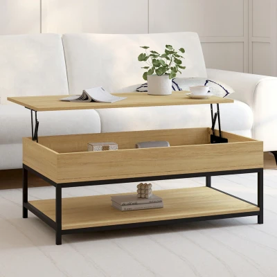 Afbeelding van Table basse plateau relevable intégral DETROIT avec étagère inférieure design industriel