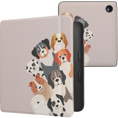 Afbeelding van kwmobile E reader hoesje geschikt voor Kobo Libra 2 hoes flip case met magnetische sluiting Ereader cover Grappige Honden design in bruin / wit taupe
