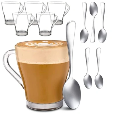 Afbeelding van Set van 6 cappuccinoglazen met handvat en lepel 250 ml Blijft lang warm
