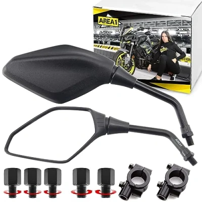 Afbeelding van Area1 Jeu de rétroviseurs pour motos et scooters (2 pièces) homologué E, 2 x filetage M10/M8 à droite + 1 gauche supports guidon en option montage alternatif
