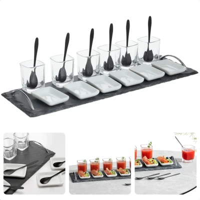 Afbeelding van Cheqo® Tapas Serveerset op Stijlvol Leisteen Dienblad Inclusief Serveerplank Borrelplank 45 cm