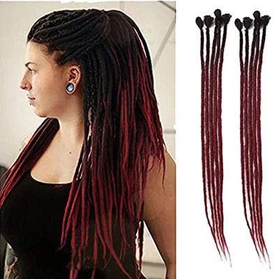 Afbeelding van Dsoar Ombre Dreadlocks haarverlenging voor dames/heren, 24 inch, 10 strengen, synthetische dreads, handgemaakte haaknaalden, haarvlecht, Jamaica, Reggae Locs (ombre zwart en bordeaux)