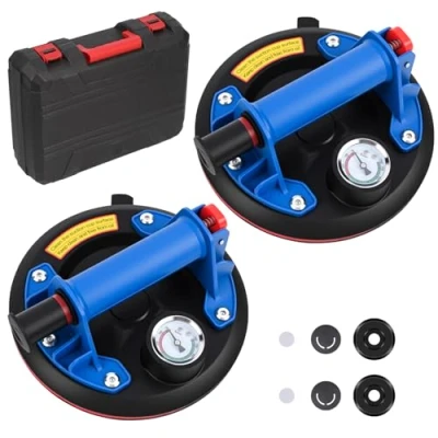 Afbeelding van Gaethra 2 x 20,3 cm zuignappen met manometer, 200 kg belastbaar, draagbare gereedschapskist, voor glas, tegels, marmer, blauw