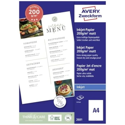 Afbeelding van Avery Zweckform 2681 Inkjet printpapier DIN A4 200 g/m² 50 vellen Dubbelzijdig bedrukbaar
