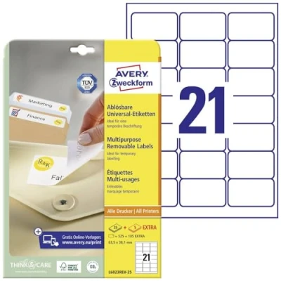 Afbeelding van Avery Zweckform L6023REV 25 afneembare etiketten ft 63,5 x 38,1 mm (b h), 525 etiketten, wit etiket