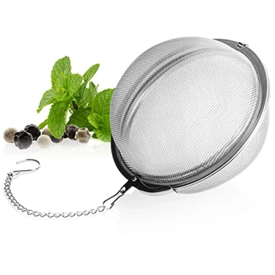 Afbeelding van COM FOUR® 304 roestvrijstalen theezeef grote voor losse thee, kruiden en specerijen fijnmazige theefilter met ketting kruidenzeef (1 stuk Ø 9 cm)