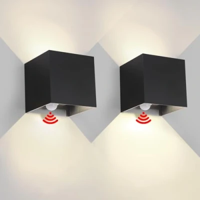 Afbeelding van Wandlamp voor buiten, binnen, met bewegingsmelder, led wandlamp, IP65, waterdicht, zwart, 6 W, 4000 K, vierkant, aluminium, instelling van de verlichtingshoek, 2 stuks