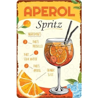 Afbeelding van DODINO Retro metalen bord, 20 x 30 cm, voor bar, cocktailrecept, Sprizz met Prosecco