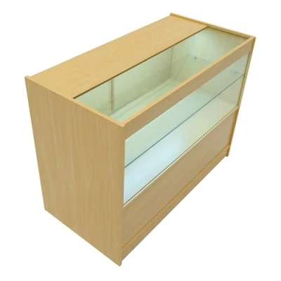 Afbeelding van Comptoir de Vente en MDF Érable LED Blancs Intégrés C1200 3 Étagères Portes Coulissantes Verouillables Rangement Commerciale Vitrine Verre Acceuil Réception Bureau Vêtements Bijoux [2 Clés INCLUS]