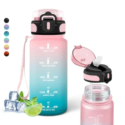 Image de Borraccia, bouteille d&#039;eau pour enfants, 500 ml, avec paille, sans fuite, de motivation échelle temps, facile à transporter, horaires boire, école, course,