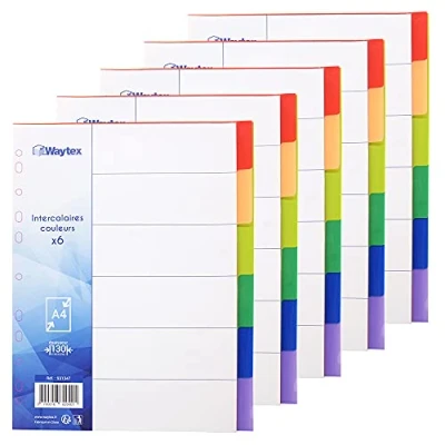 Image de WAYTEX 931347C5 Intercalaires A4 6 Touches Neutres en Polypropylène de Couleurs Vives avec Index (Lot 5)