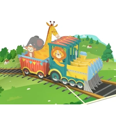 Afbeelding van MOKIO® Pop up kaart stoomlocomotief met dieren 3D cadeaukaart voor verjaardag, wenskaart meisjes en jongens