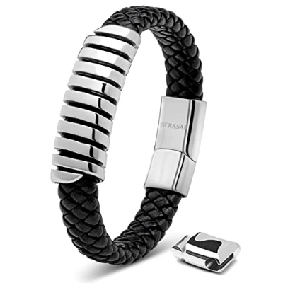 Afbeelding van SERASAR Hoogwaardige leren armband voor heren, magnetische sluiting van roestvrij staal in zwart, zilver en goud, inclusief sieradendoosje, leuk cadeau idee, Leer, Geen edelsteen