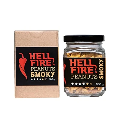 Image de I LOVE SPICY Hellfire Peanuts Smoky 100 g Cacahuètes Épicées Grillées et Fumées avec du Moruga Scorpion de Trinidad Piment Fatalii, Piquant 4/5