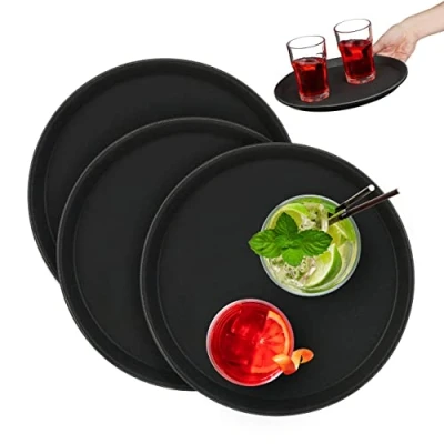 Afbeelding van Relaxdays horeca dienblad set van 3 zwart rond serveerblad antislip Ø 28 cm