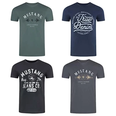 Afbeelding van Mustang Set van 4 T shirts voor heren met print op de voorkant en ronde hals, kleurenmix blauw zwart, Kleurmix (P27)