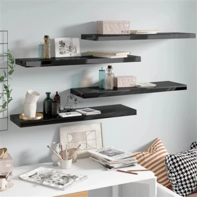 Afbeelding van Wandschappen zwevend 4 st 90x23,5x3,8 cm MDF hoogglans zwart