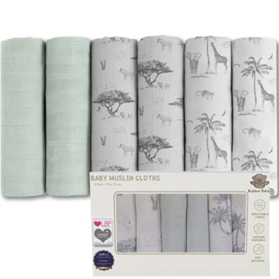 Afbeelding van Bubba Bear Set van 6 babydoeken chiffon 70 cm x cm, absorberend en ademend ideaal voor het reinigen, afvegen bedekken pasgeborenen (safari)